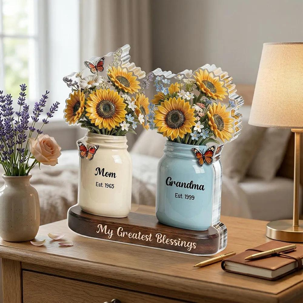 Personalized Shaped Acrylic Block Plaque with Sunflower Mason Jars, 'My Greatest Blessings' Unique Gift for Mom & Grandma