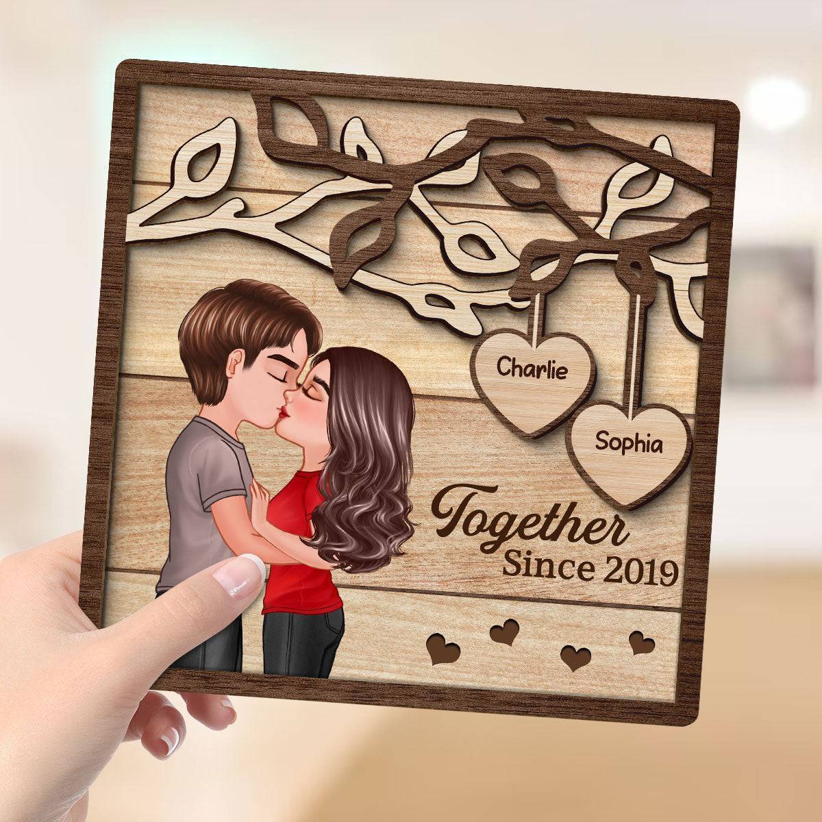 Enchanted Love - Personalized 'Couple Kissing Under Tree' Wooden Plaque - A Perfect Valentine's & Anniversary Gift for Him and Her