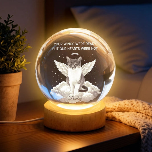 Personalized Crystal Ball LED Night Light Pet Memorial Gift, Angel Wings Quote, Warm Glow Bedside Keepsake