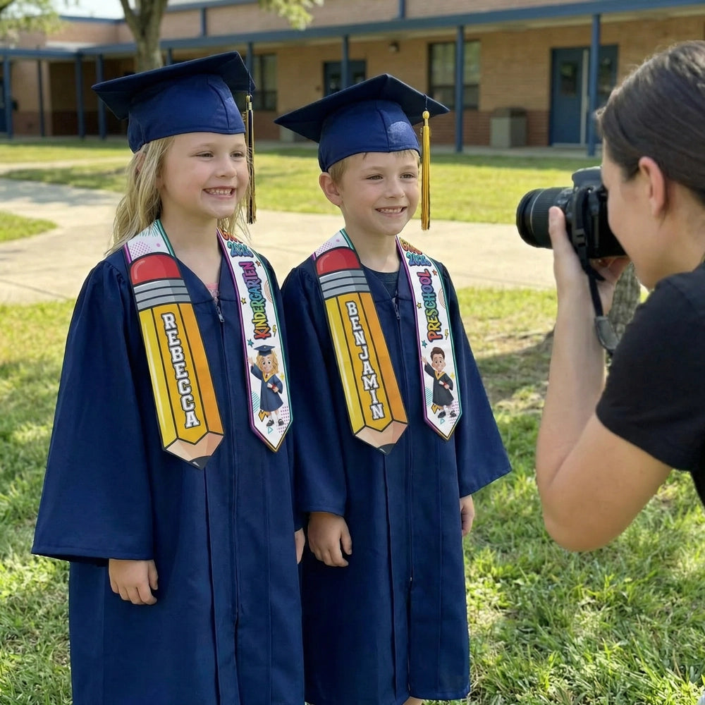 Personalized Graduation Stole for Preschool and Kindergarten, Pencil and Cartoon Grad Design, Unique Gift for Kids
