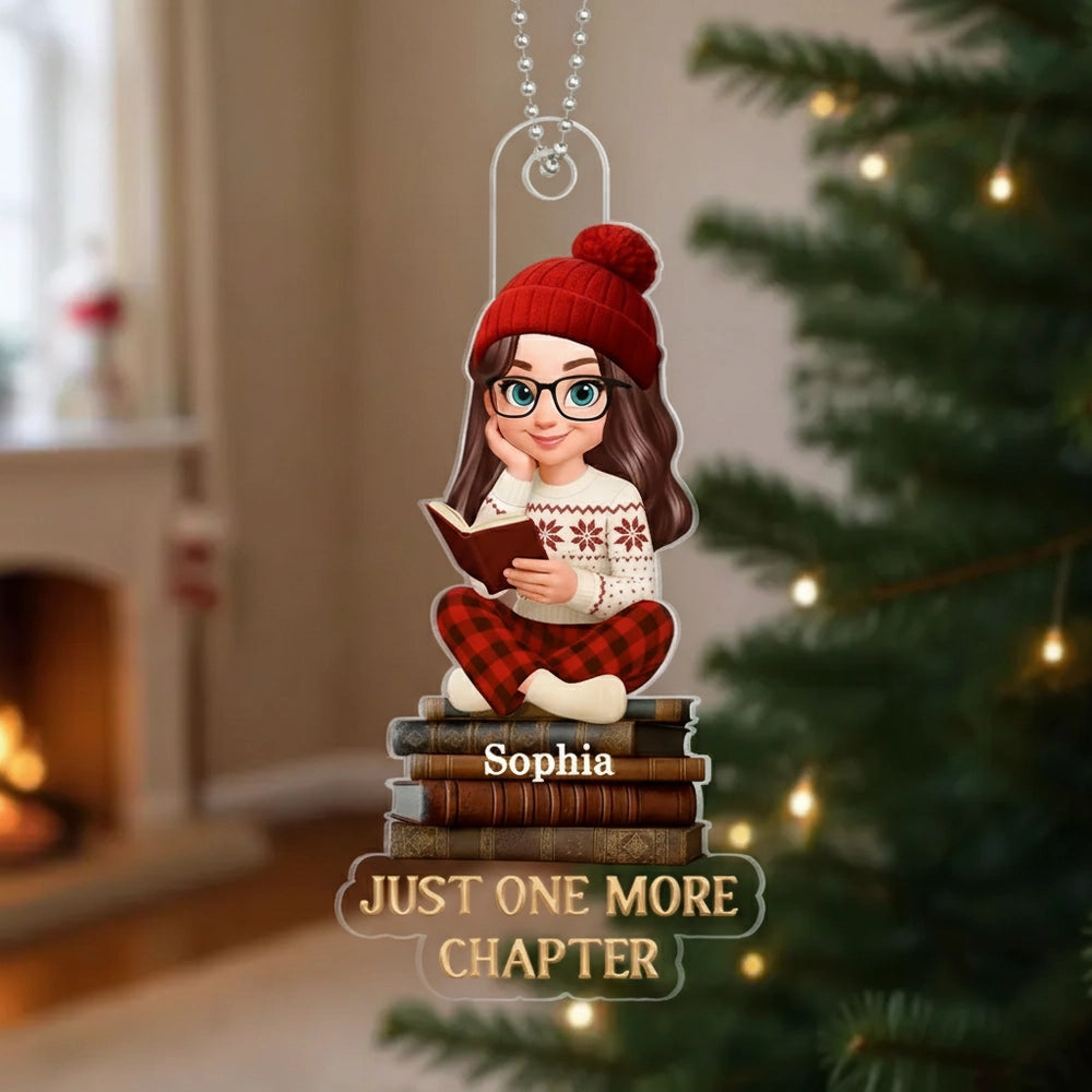 Custom Name & Look Book Lover Ornament: Personalized Acrylic Reading Girl Tree Decor | Choose Skin Tone & Body Type Gift