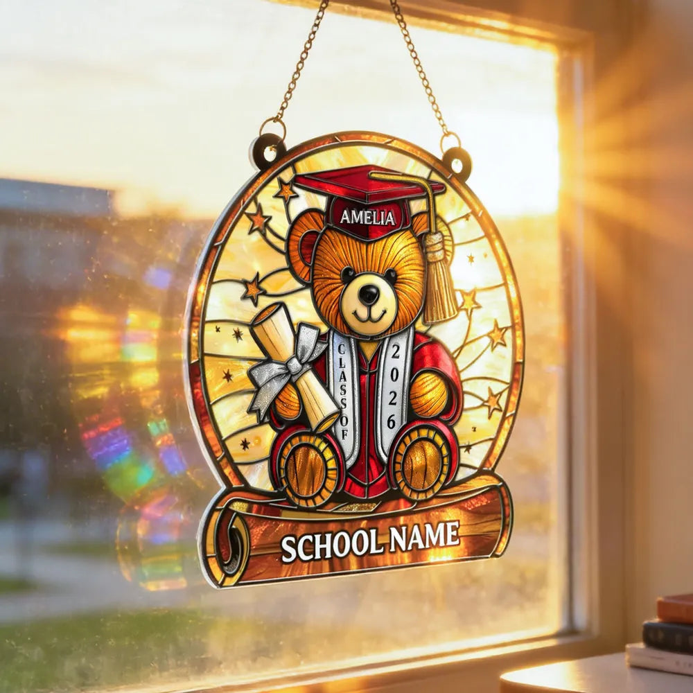 Stained Glass Style Graduation Teddy Bear Acrylic Suncatcher Ornament, Sweet Window Keepsake Gift for a Proud Grad