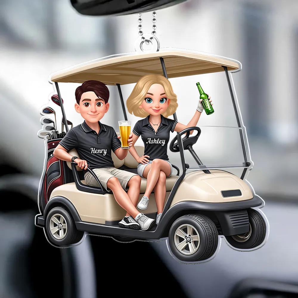 Personalized Acrylic Car Hanger Funny Golf Cart Couple Mirror Decor - Unique Gift for Couples