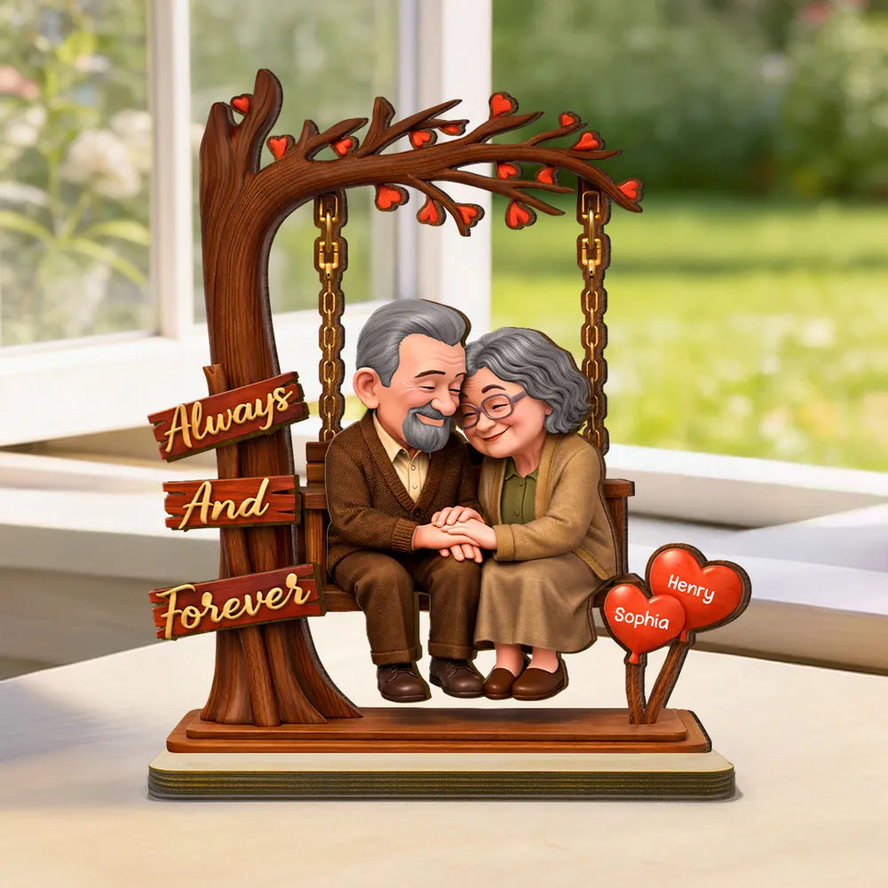 Personalized 2-Layer Wooden Plaque with Elderly Couple Holding Hands Under Heart Tree, Always And Forever Unique Gift