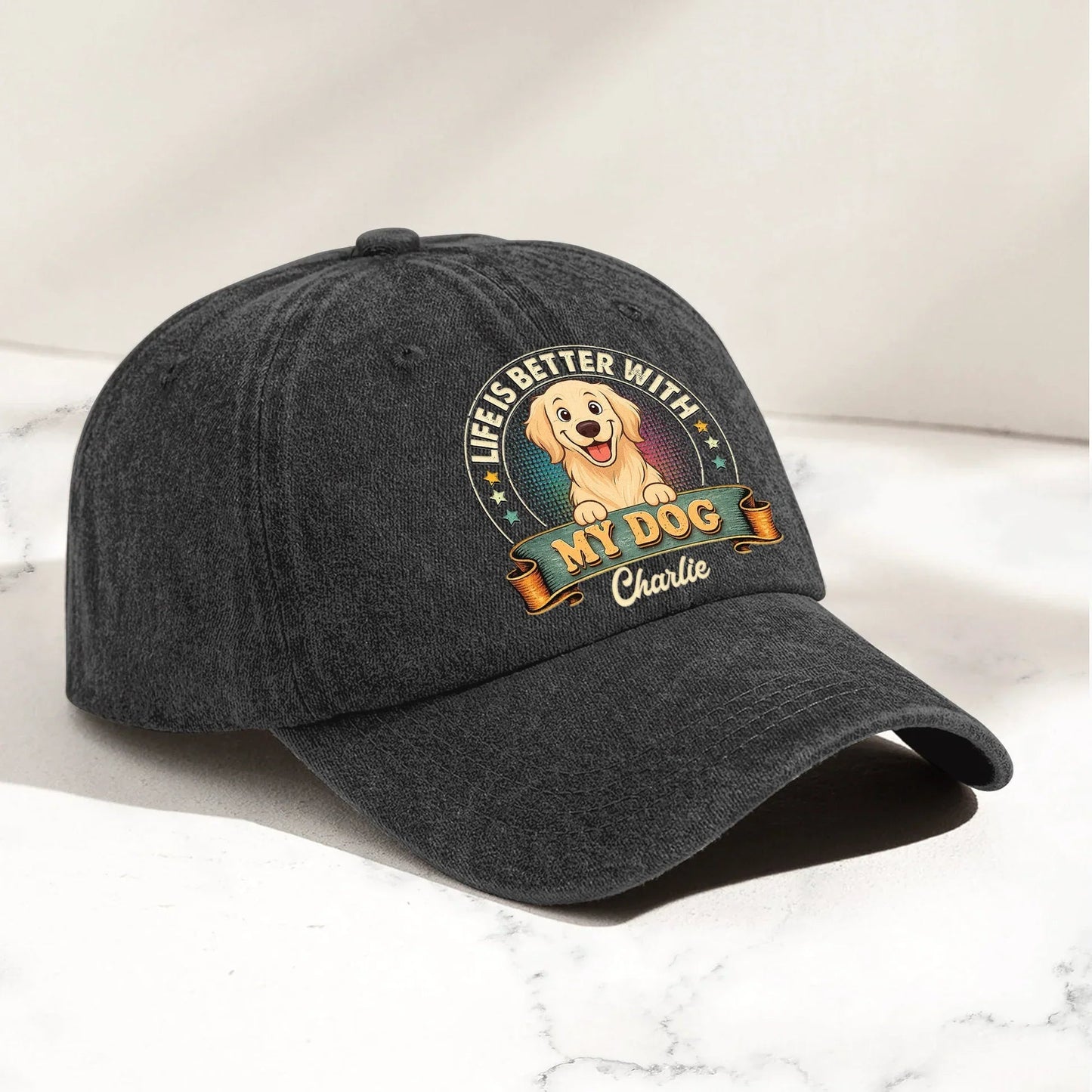Personalized Washed Denim Baseball Cap With Cute Dog Graphic, Vintage Look Outdoor Wear, Unique Gift for Dog Lovers