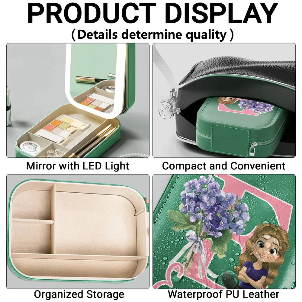 Personalized Leather LED Makeup Case with Cartoon Girl & Florals, Unique Gift for Teens & Daughters