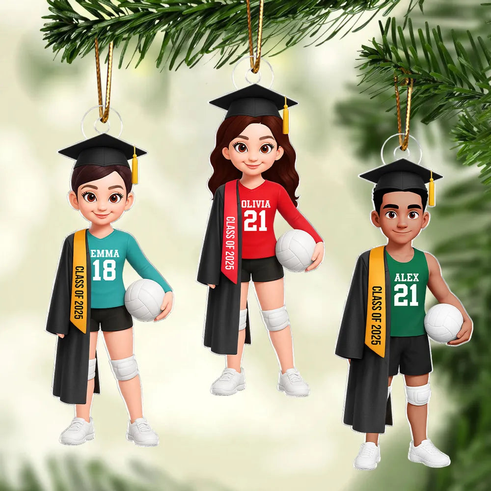 Graduation Volleyball Girl Acrylic Ornament with custom name & year, sporty keepsake gift for students and athletes