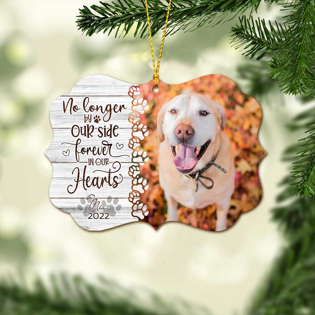 No Longer By Our Side But Forever In Our Hearts - Personalized Christmas Dog Ornament (Printed On Both Sides)