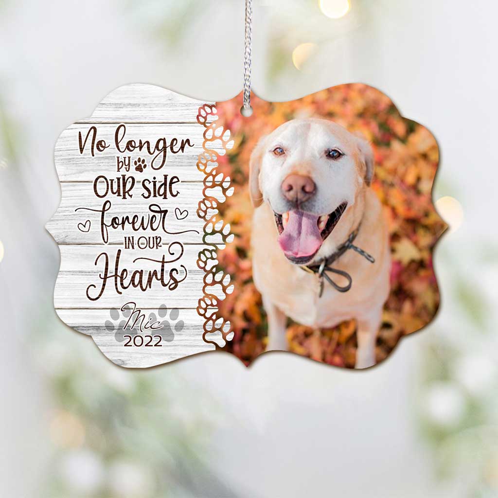 No Longer By Our Side But Forever In Our Hearts - Personalized Christmas Dog Ornament (Printed On Both Sides)