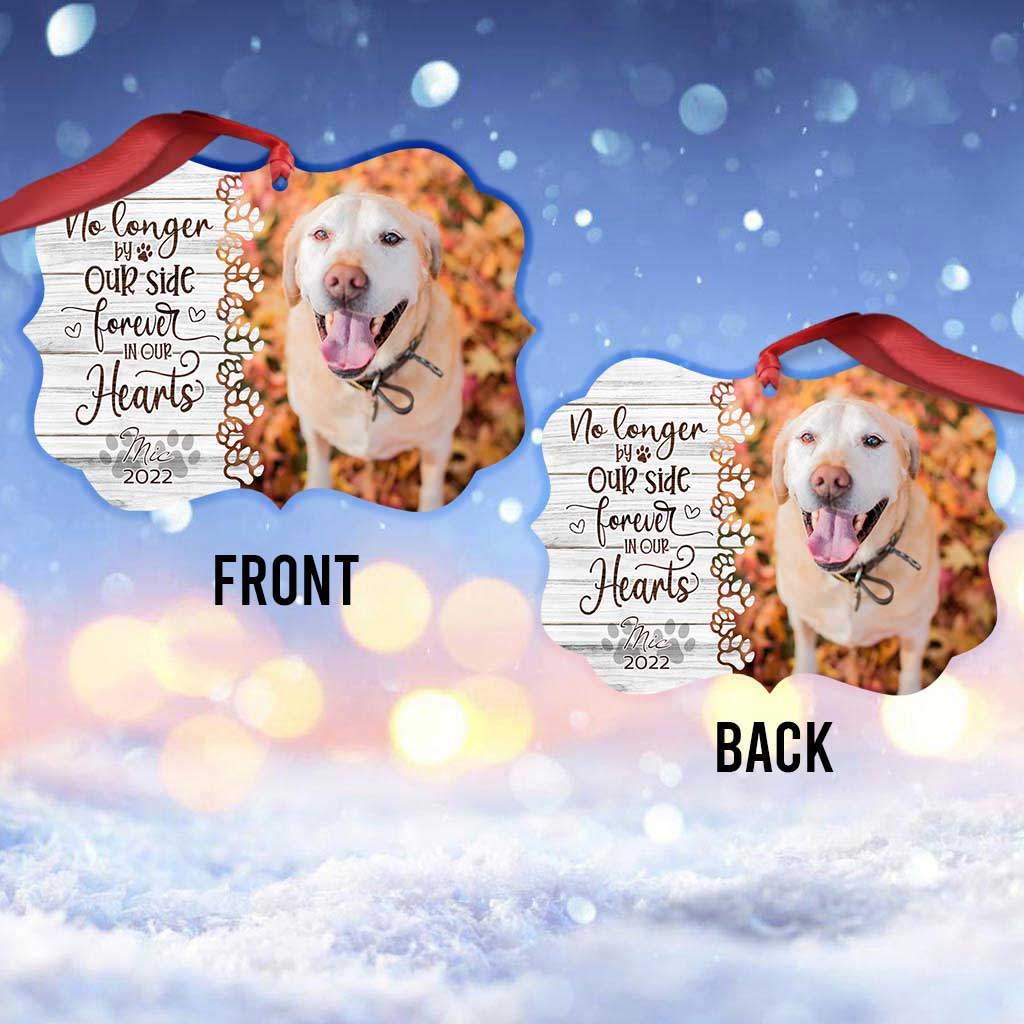 No Longer By Our Side But Forever In Our Hearts - Personalized Christmas Dog Ornament (Printed On Both Sides)
