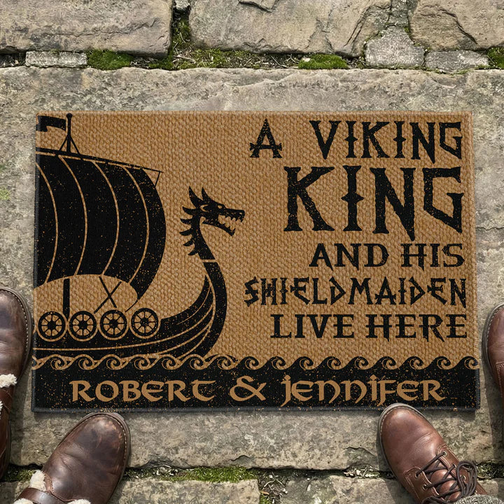 A Viking King And His Shieldmaiden Live Here Standard Doormat, Personalized Entryway Welcome Mat - Unique Gift