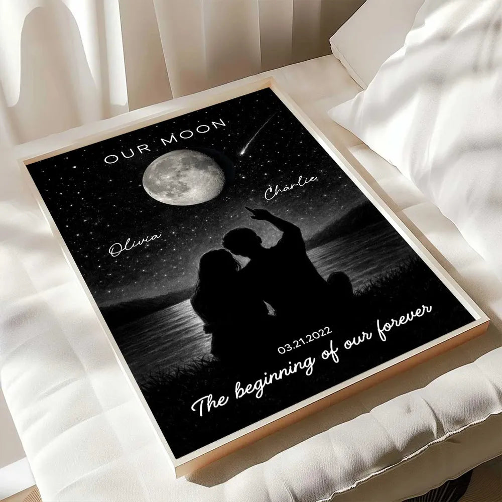 Personalized Moon Night Sky Couple Poster, Romantic Lakeside Silhouette Wall Art, Unique Gift For Couple
