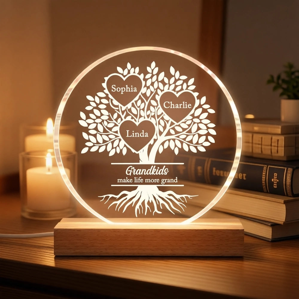 Shaped Acrylic Block LED Plaque Personalized for Grandma - Glowing Grandkids Family Tree Keepsake, Heartwarming Gift