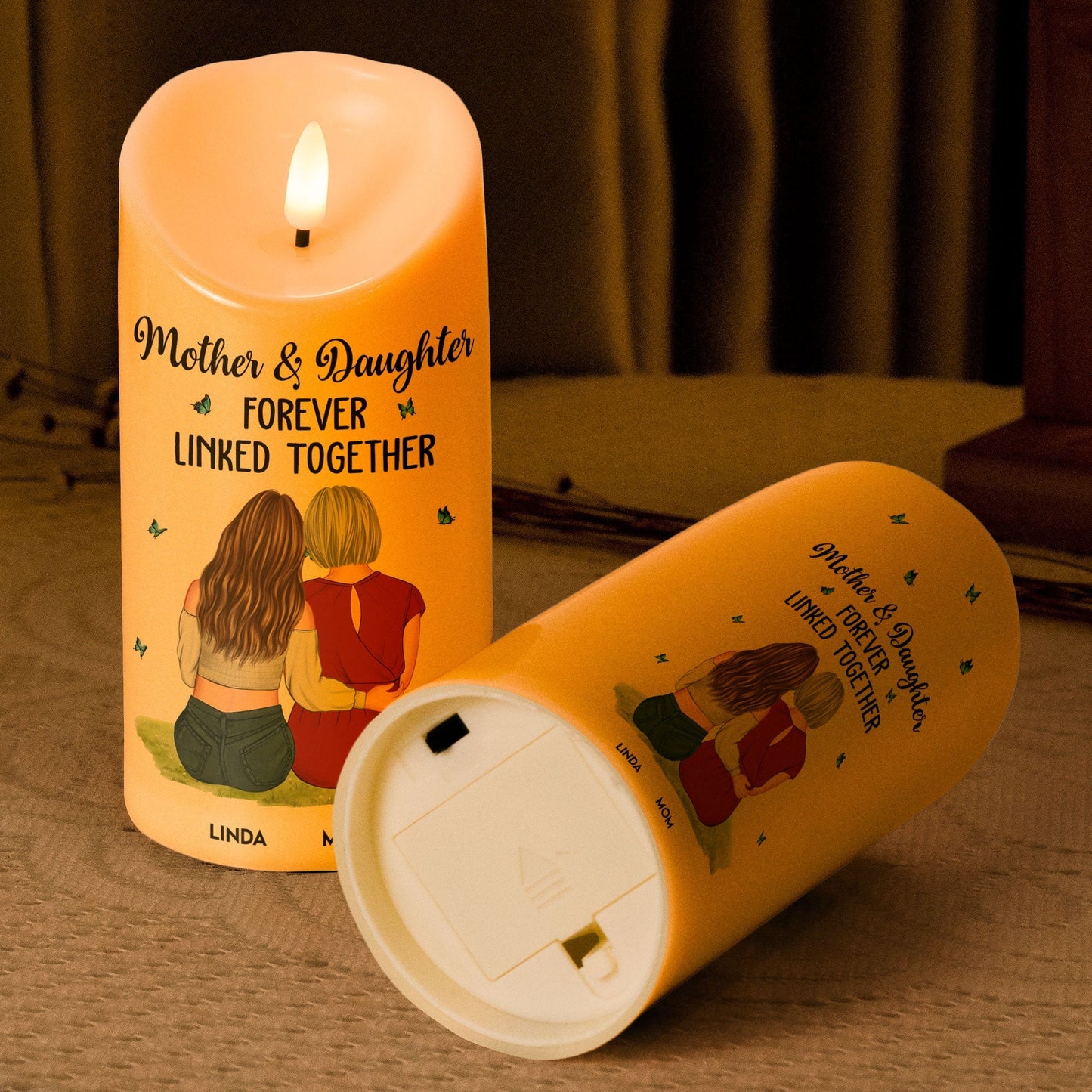 Flameless LED Candle – Mother & Daughter Back‑Hug Art, “Forever Linked Together” Personalized Light