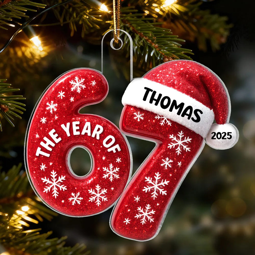 Personalized Acrylic Ornament 67 with Santa Hat Design, Custom Christmas Tree Decor, Festive Keepsake and Unique Holiday Gift