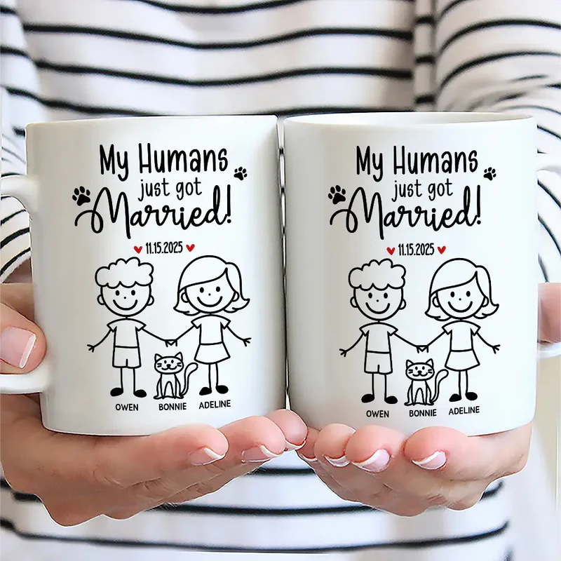 Personalized Ceramic Mug Our Humans Are Getting Married Stick Figure Couple Holding Hands Cute Pet Paws Unique Gift