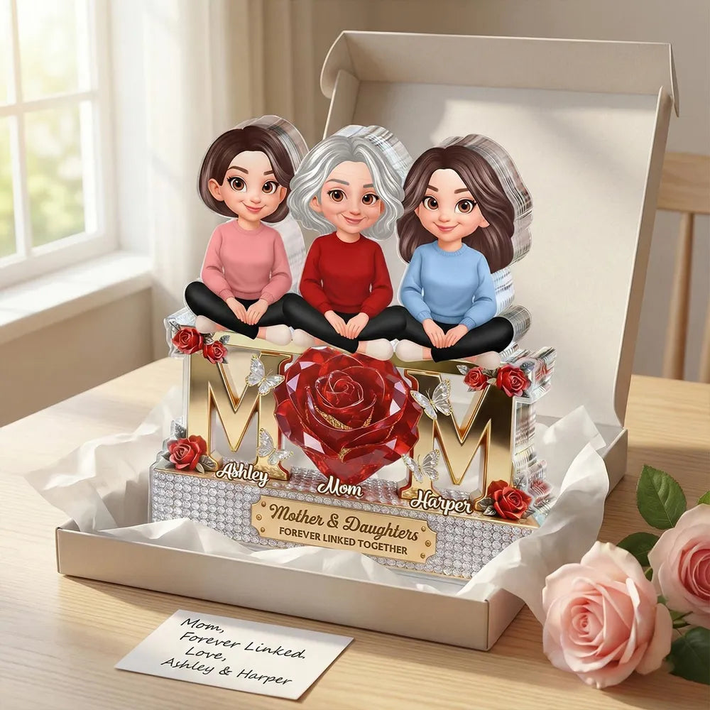 Personalized Shaped Acrylic Block Plaque Mom & Daughters Rose Design for Shelf Decor, Unique Gift for Mom