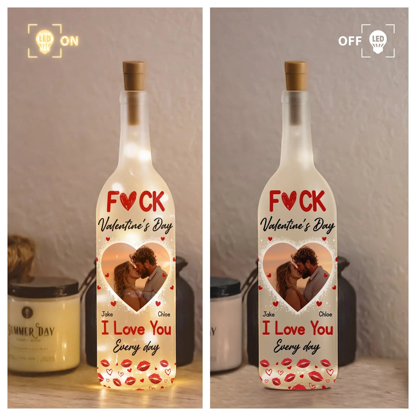 I Love You Every Day Photo Bottle Lamp, Heart Couple Kiss Warm Glow Decor, Unique Valentine's Day Gift