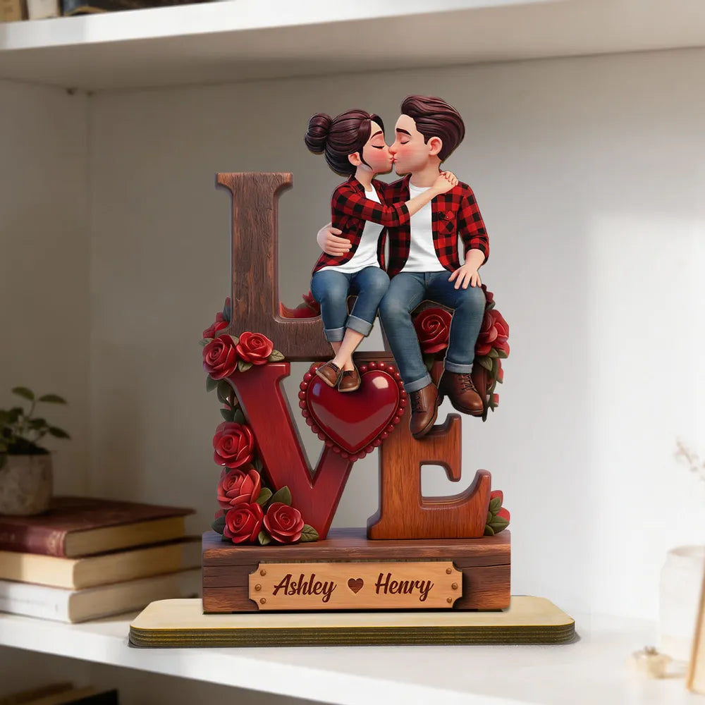 2-Layer Wooden Plaque with Kissing Couple on LOVE and Red Roses - Personalized Keepsake for Anniversary or Valentine's Gift