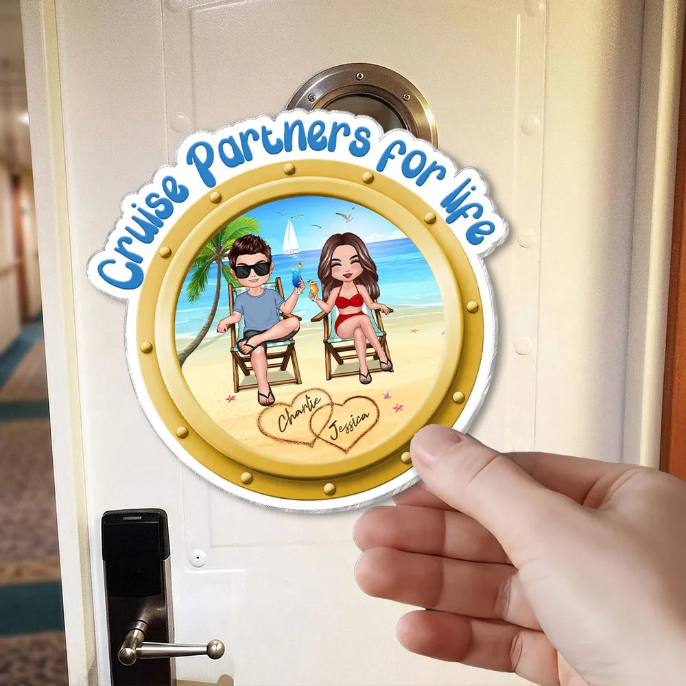 Personalized Acrylic Fridge Magnet Cruise Partners For Life Beach Couple Sitting Scene - Unique Couple Gift