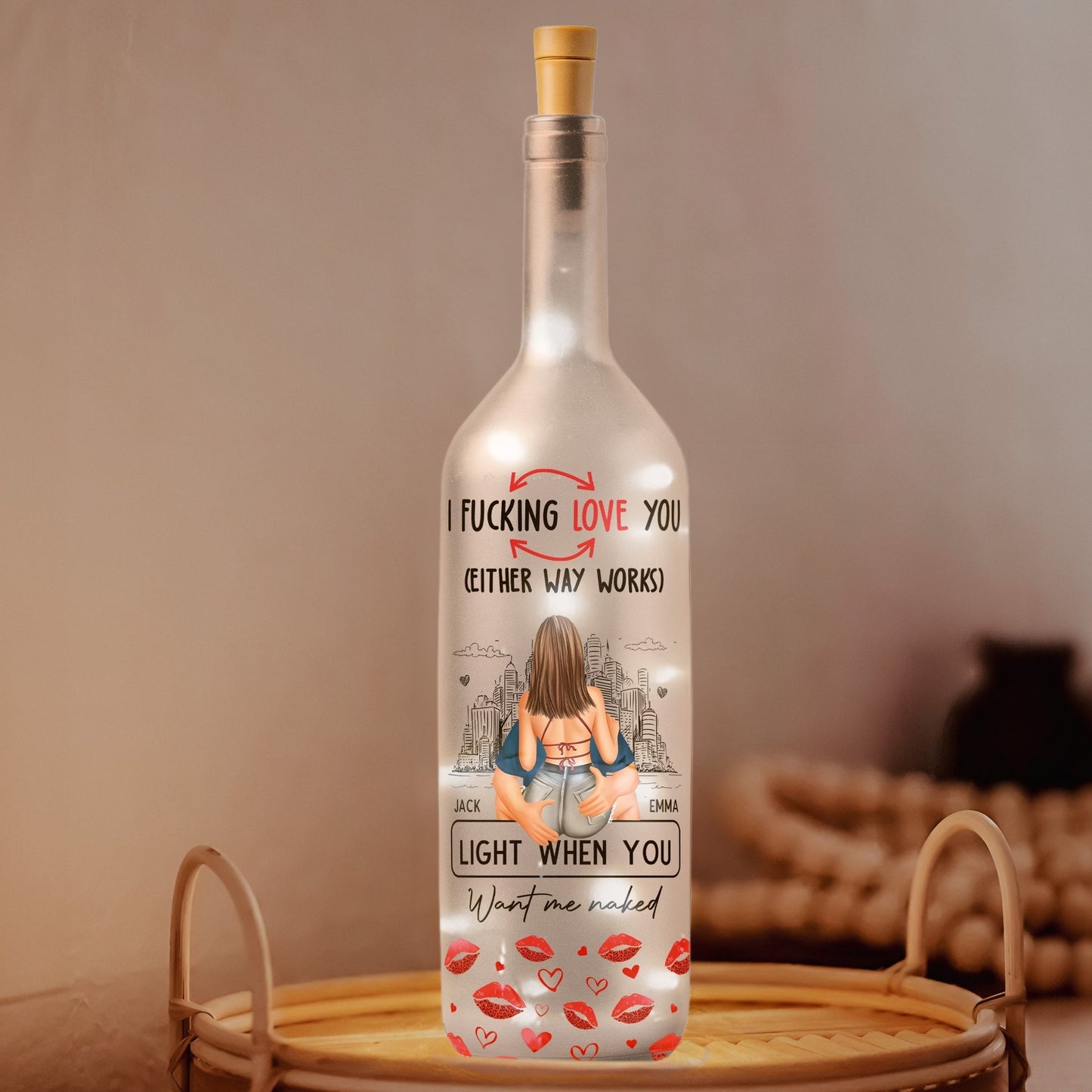 Bottle Lamp Romantic Back-Hug Couple City Sketch with Warm Glow, Personalized One-of-a-Kind Gift for Couples