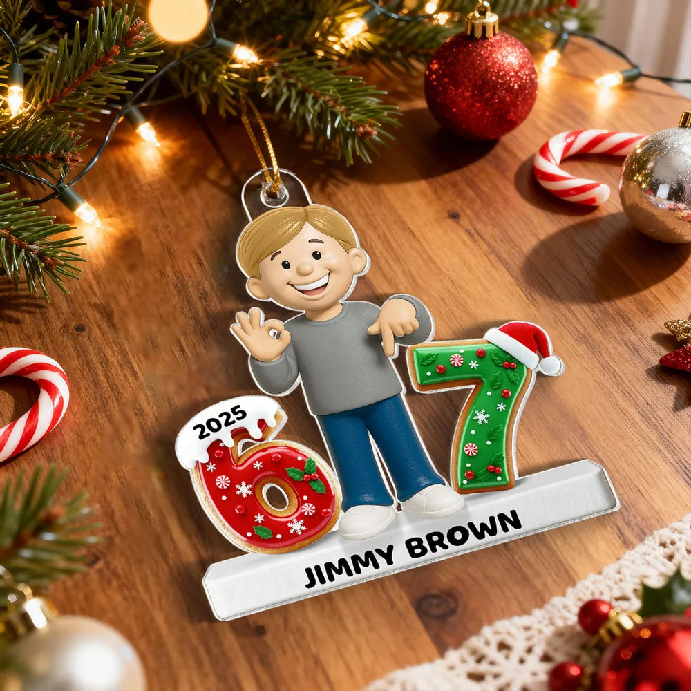 Personalized Acrylic Ornament with Cute Cartoon Boy & Christmas Numbers, Festive Tree Decor & Unique Kids Gift