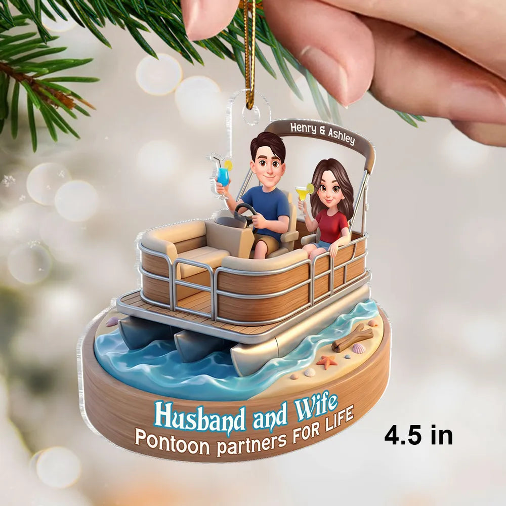 Personalized Acrylic Car Hanger Pontoon Couple Cute Cartoon Boat Decor, Unique Gift for Husband & Wife