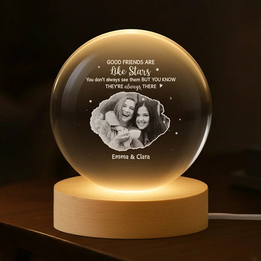 Personalized Crystal Globe Lamp with Photo – “Good Friends Are Like Stars” Meaningful Night Light Gift for Best Friends