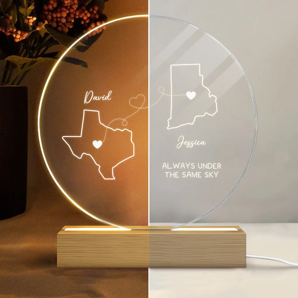 Personalized Long Distance Map LED Light Plaque, Always Under The Same Sky, Unique Couple Gift for Cozy Ambient Decor