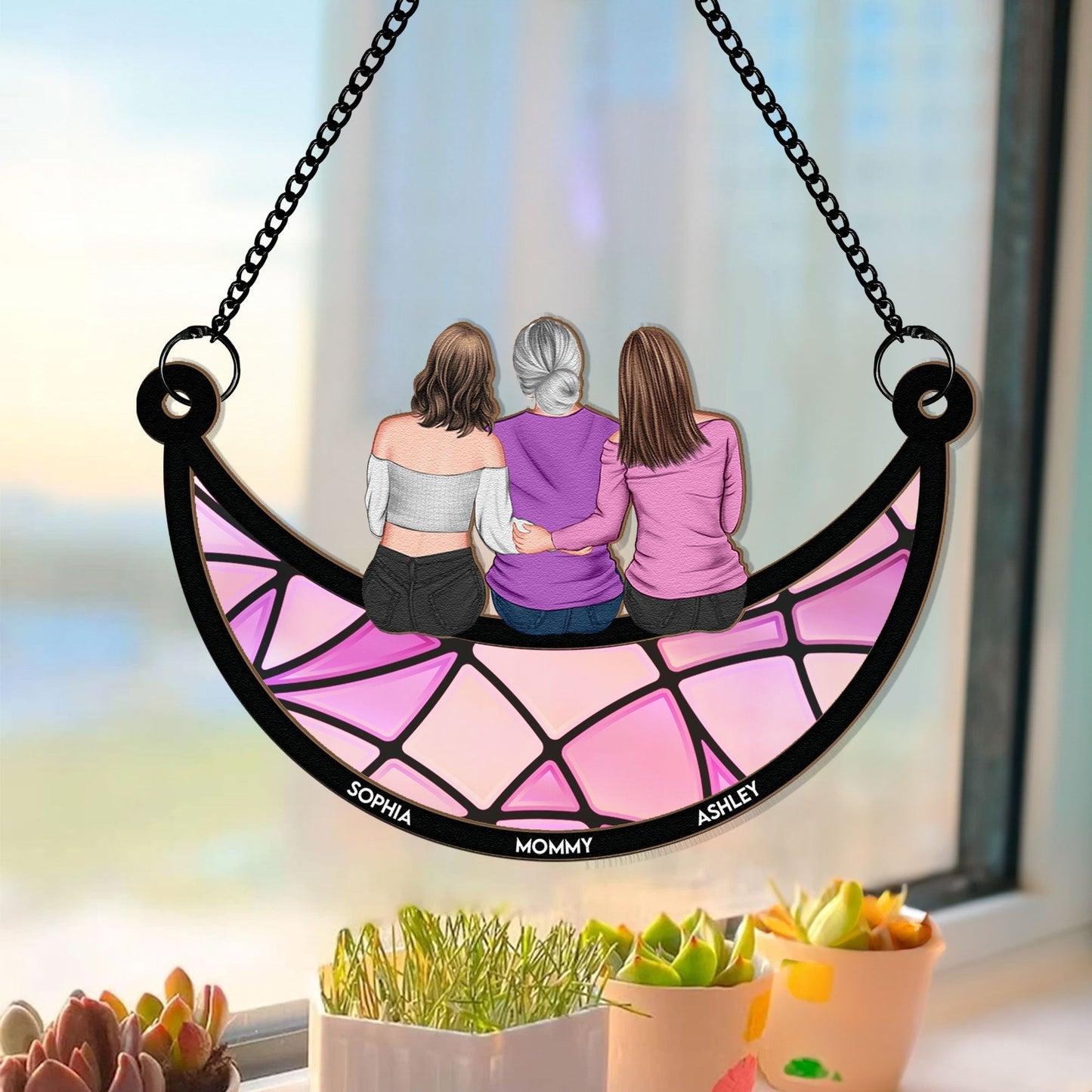 Mother & Daughter Back View Ornament in Wood and Acrylic, Personalized Romantic Gift for Mom’s Special Day