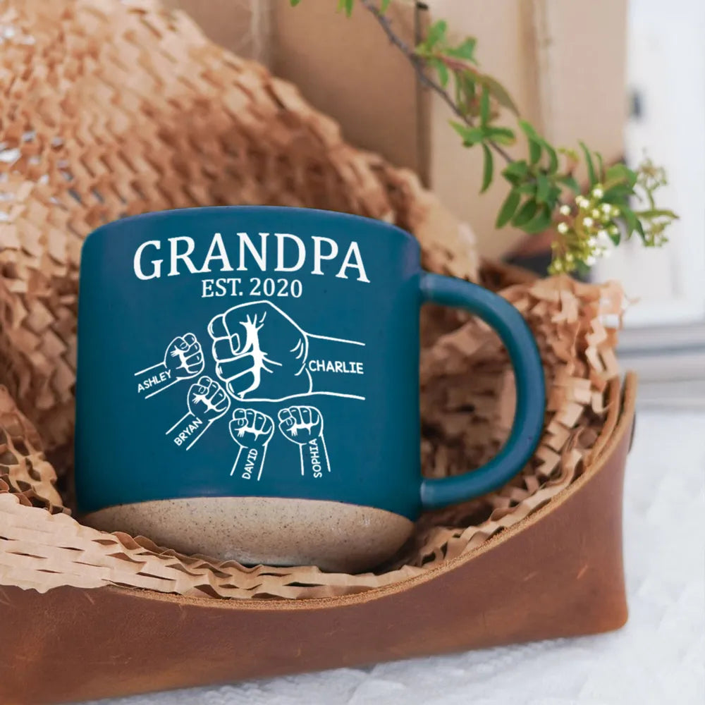 Personalized Pottery Mug with Grandpa Fist Bump Design, Cozy Coffee Moment, Unique Gift for Grandpa