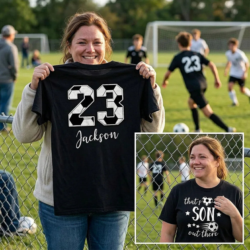 Personalized Soccer Grandma Classic Tee Thats My Son Out There Fan Shirt Unique Gift for Proud Moms