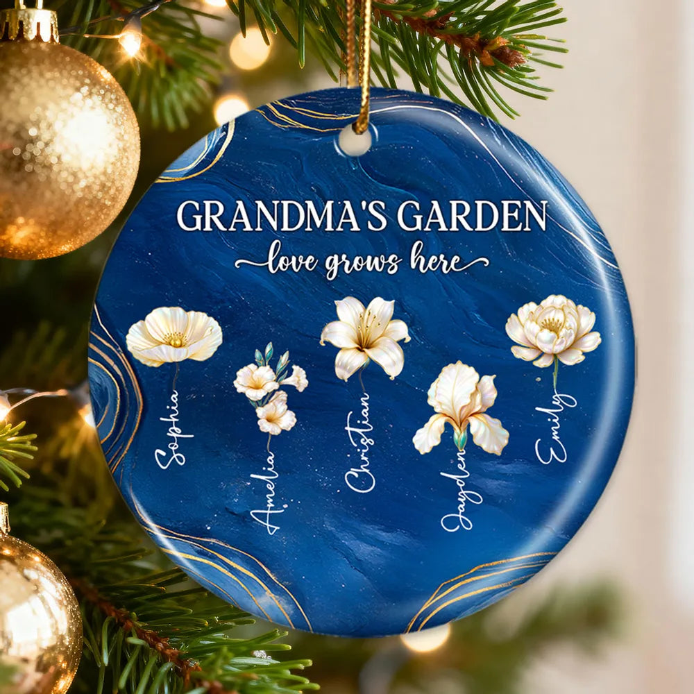 Grandma's Garden Ceramic Ornament, Birth Month Flowers, love grows here - unique gift for Grandma's Christmas tree