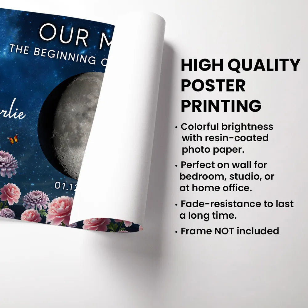 Personalized Our Moon Starry Sky Floral Poster, Custom Couple Keepsake Wall Art, Unique Romantic Gift