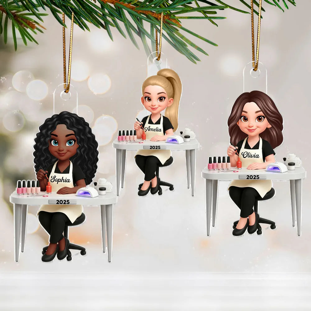 Personalized Acrylic Nail Tech Ornament, Cute Manicurist Desk Scene Keepsake Gift for Beauty Lovers