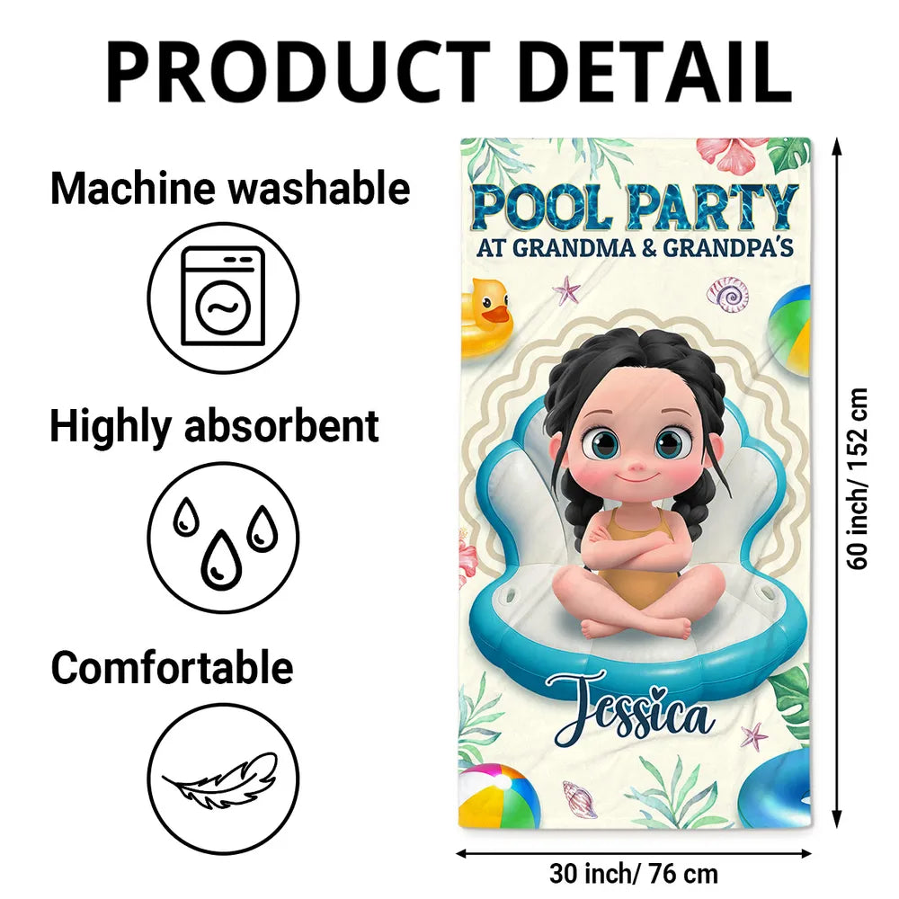 Personalized Pool Party at Grandma & Grandpa's Beach Towel, Cute Cartoon Kid Float Design, Unique Gift for Grandparents
