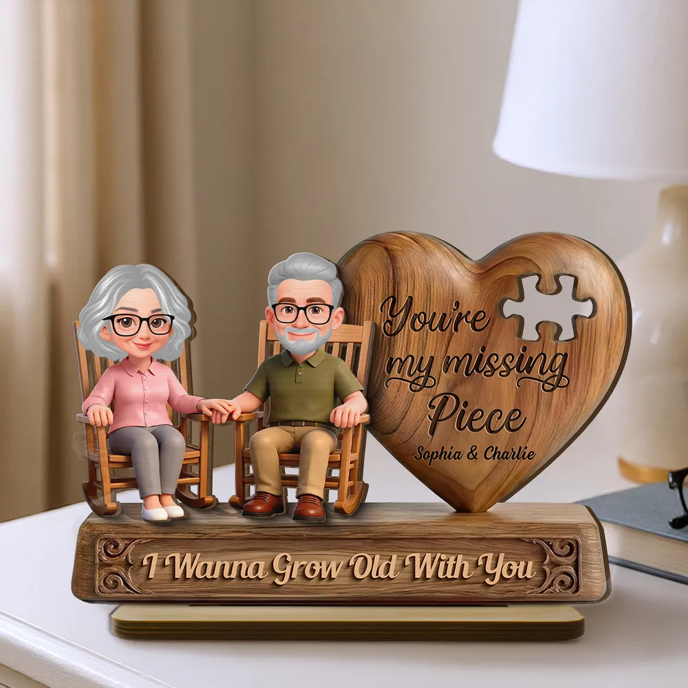 Personalized 2-Layer Wooden Plaque with Elderly Couple Holding Hands, You're My Missing Piece, Unique Gift for Couples