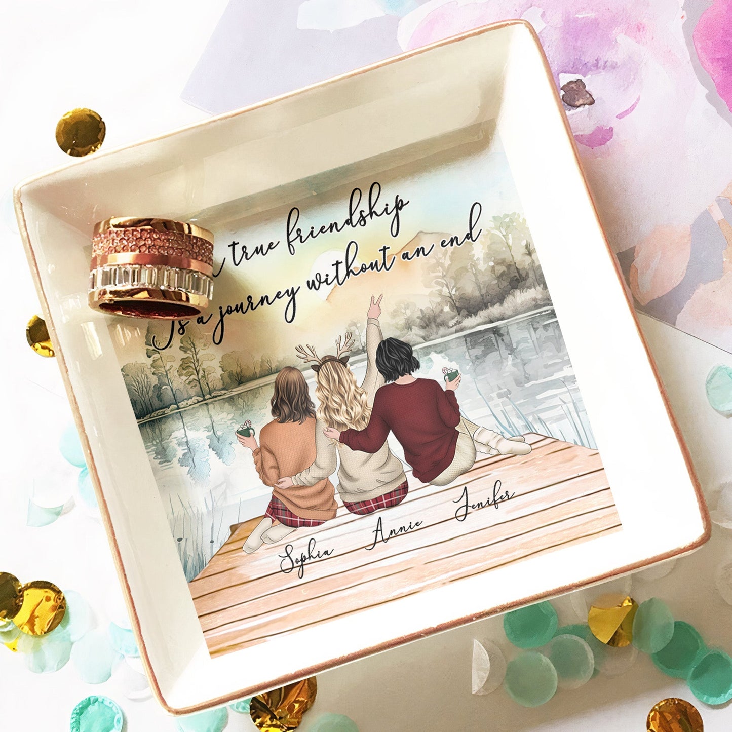 Lakeside Sisters Ceramic Jewelry Dish, “A True Friendship” Quote, Personalized Keepsake Gift for Siblings