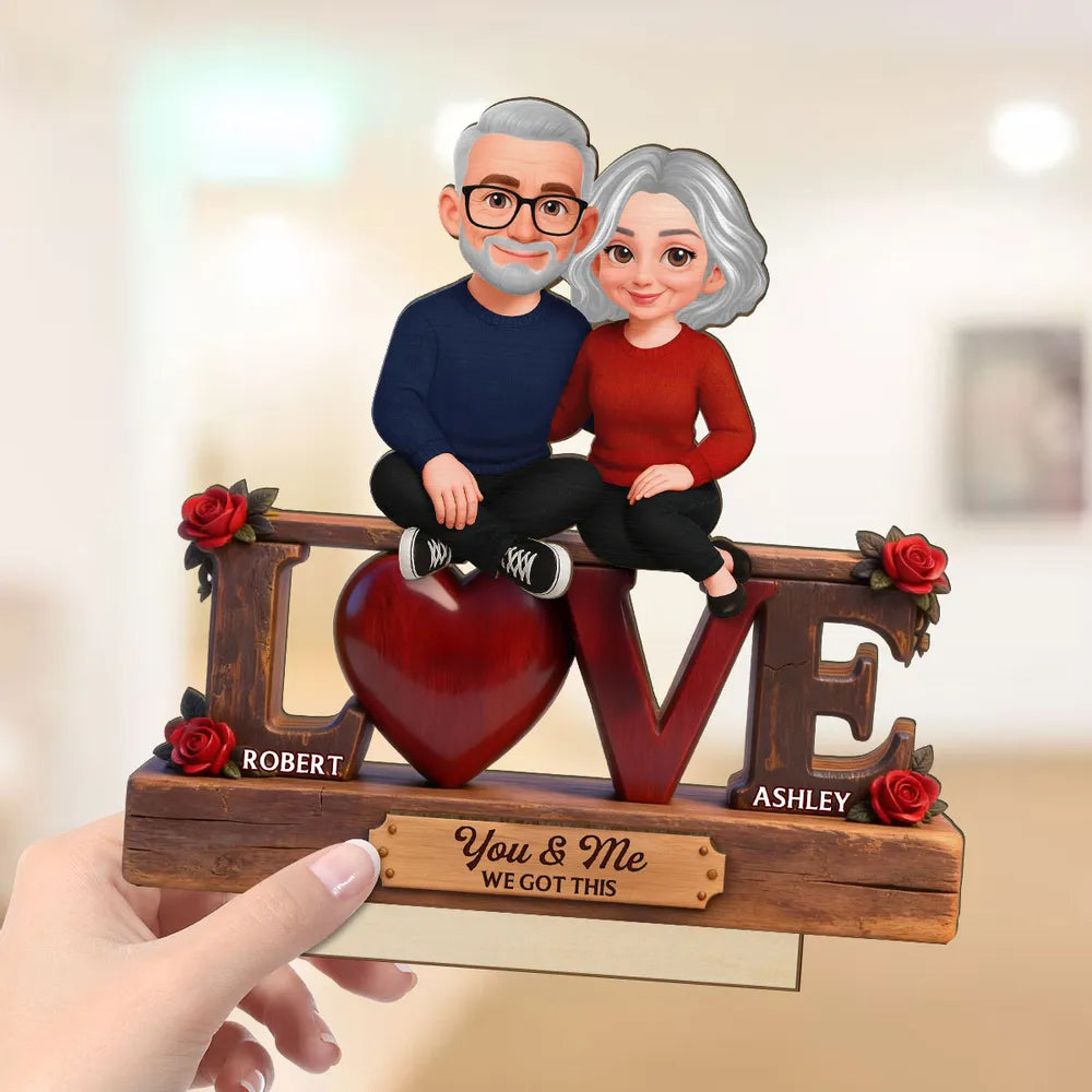 2-Layer Wooden Plaque with Cute Couple on LOVE Sign and Red Heart, Personalized Keepsake for Your Favorite Person