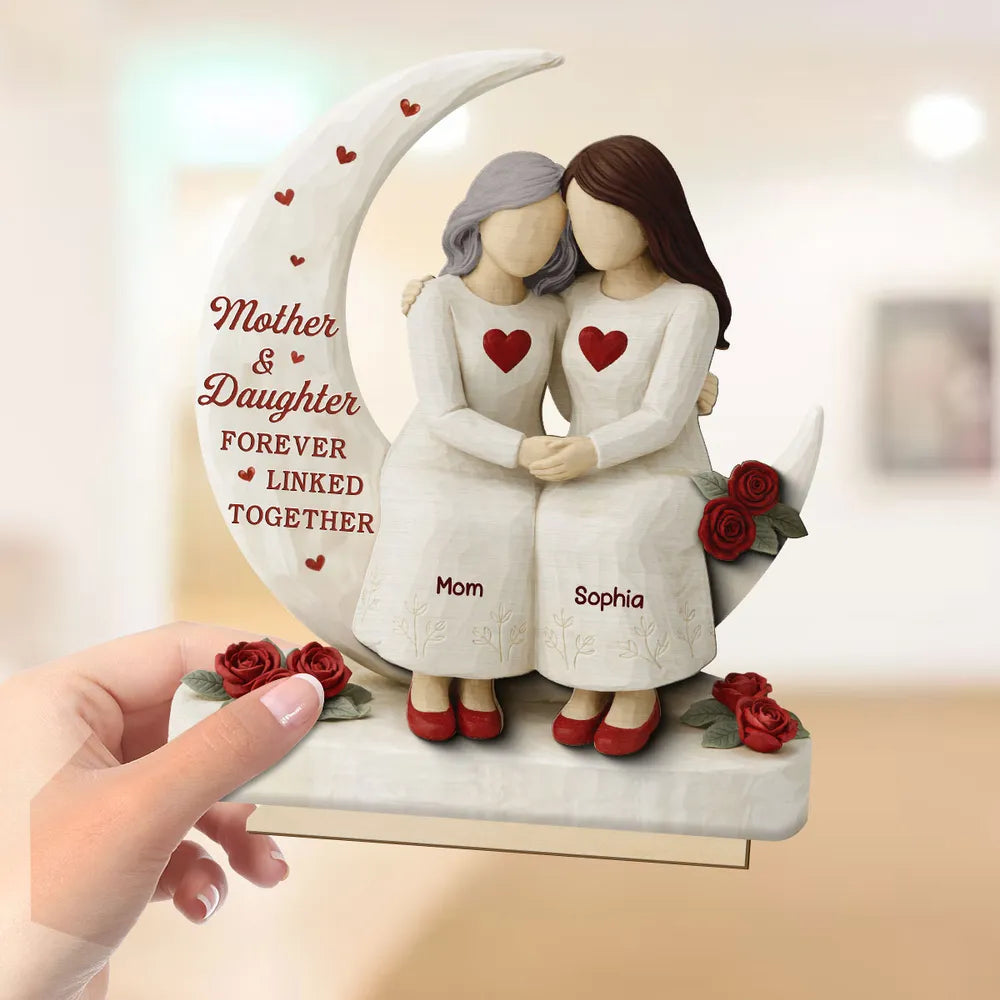 2-Layer Wooden Plaque Moon and Roses Mother Daughter Hug Keepsake Decor - Sweet Creative Gift for Mom or Daughter