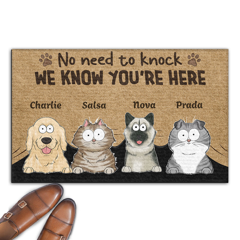 Personalized Pet Doormat – Funny 'No Need to Knock' Welcome Mat with Custom Dog & Cat Names – Perfect Gift for Dog & Cat Lovers, Housewarming Decor