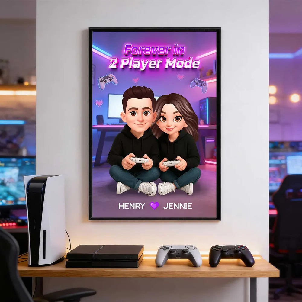 Personalized Gamer Couple Poster Forever in 2 Player Mode Neon Game Room Wall Art Unique Gift for Him or Her