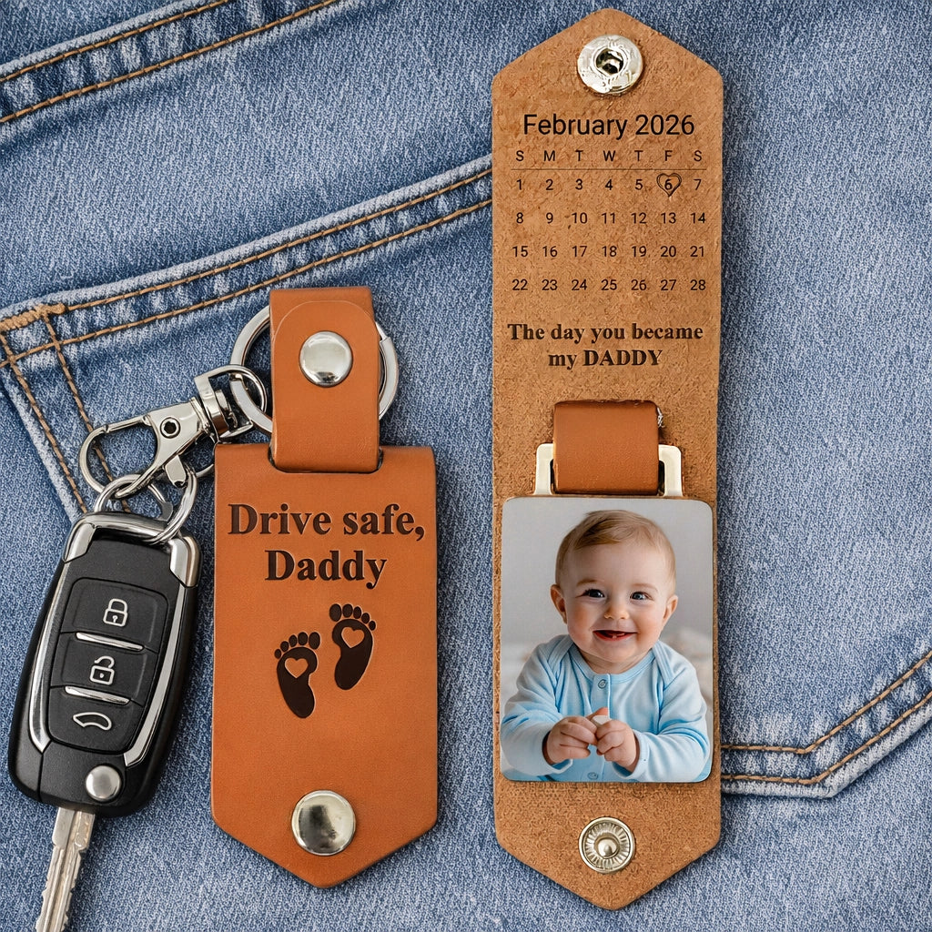 Personalized Leather Photo Keychain With Mini Calendar for New Dads, The Day You Became My Daddy, Unique Gift for Dad