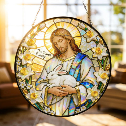 Personalized Jesus With Bunny Glass Suncatcher Ornament for Easter Window Display, Bright Colorful Light, Unique Religious Gift