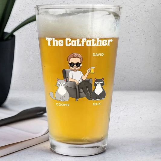Personalized Beer Glass for Cat Dad – The Catfather Design with Cute Cats – Father's Day Gift for Pet Lovers