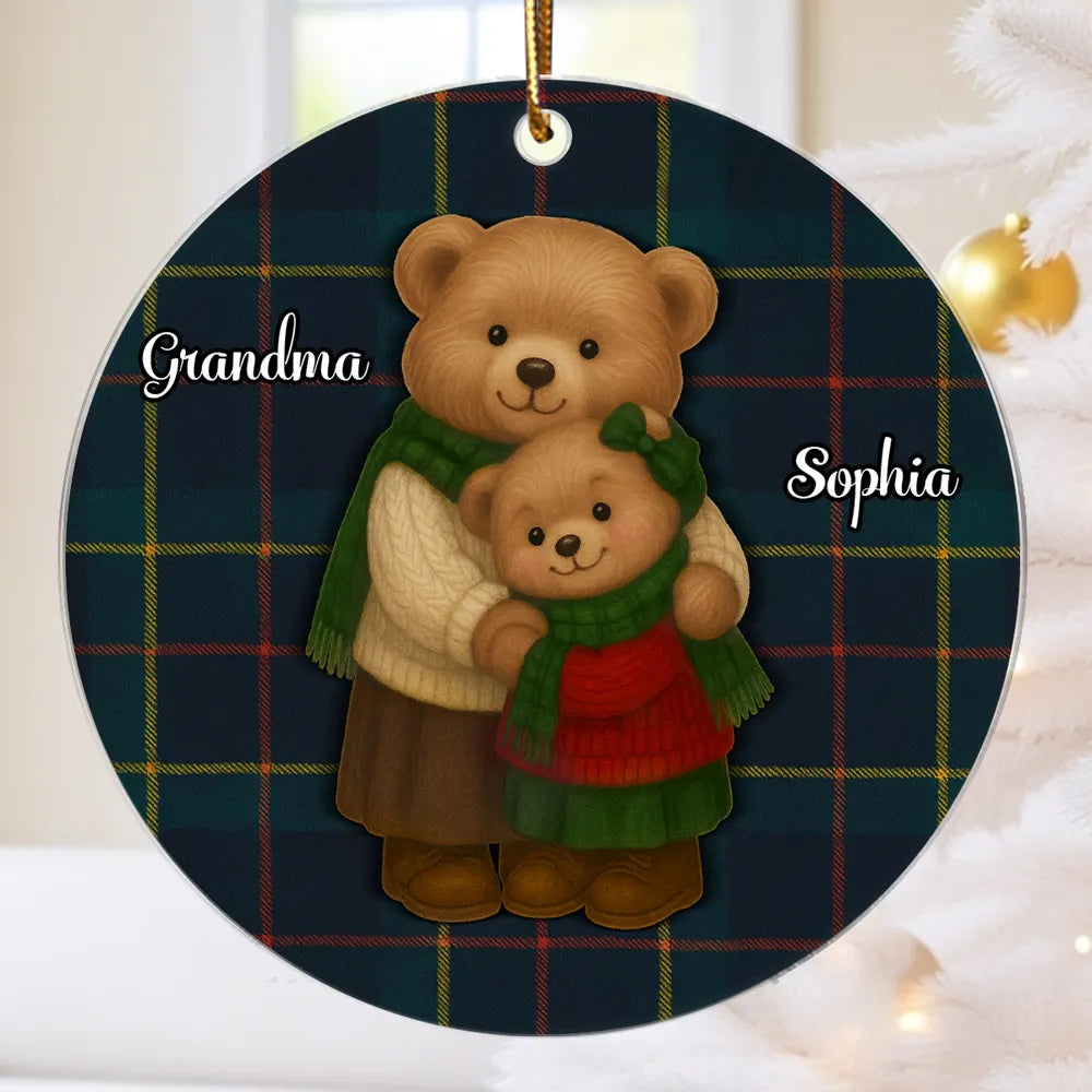 Personalized Acrylic Ornament for Grandma & Grandkids – Cozy Teddy Bear Hug, Plaid Christmas Decor, Unique Heartwarming Gift