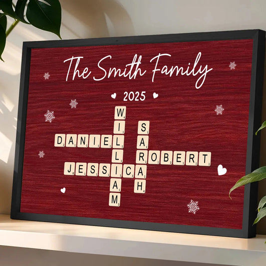 Personalized Family Name Poster with Crossword Tiles, Custom Wall Art for a Cozy Holiday Home, Unique Gift for Loved Ones or Housewarming