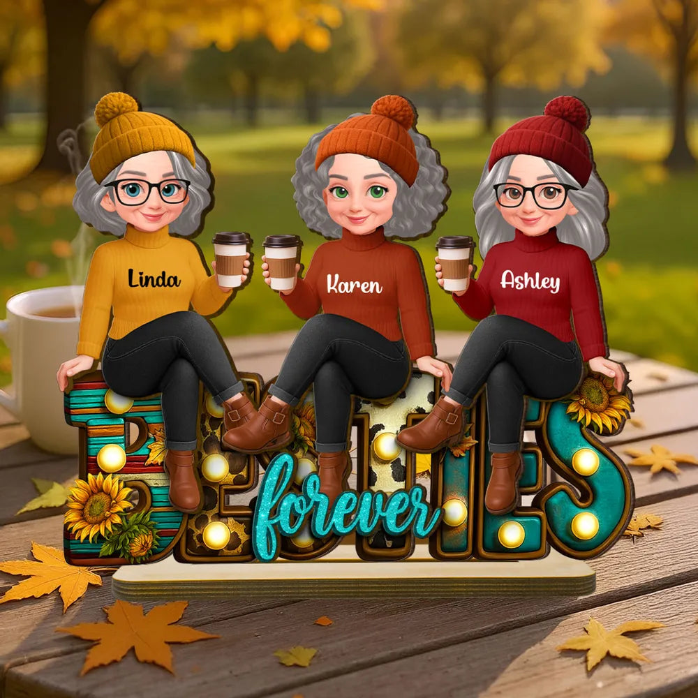 Wooden Plaque Besties Forever Sunflower Letters, Sitting Best Friends with Coffee, Cozy Fall Vibes, Unique Friend Gift