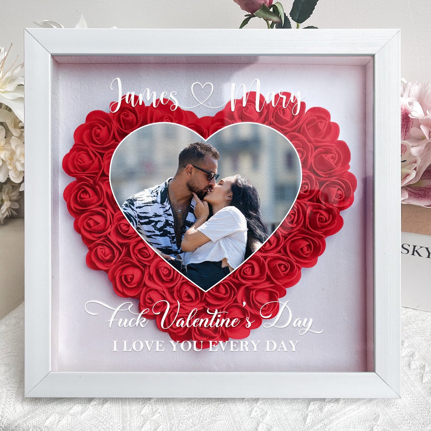 Personalized Flower Shadow Box with Heart Photo for Kissing Couple Romantic Home Display Unique Gift for Wife or Husband