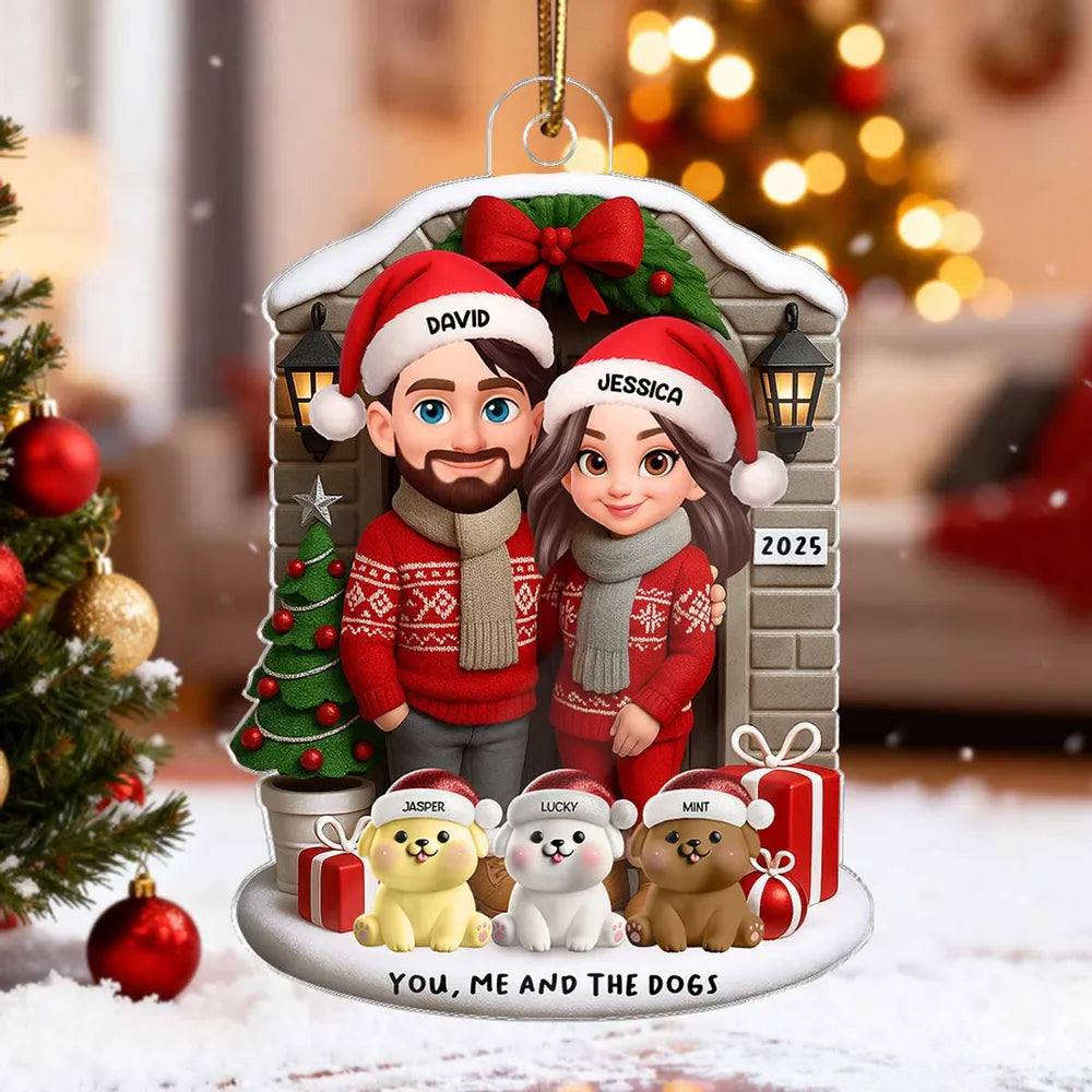 Acrylic Ornament featuring “You, Me and the Dogs” theme, festive sweaters, gifts and tree—perfect holiday gift for Couples and Dog Lovers